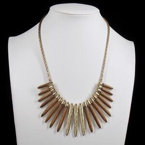 Lucky Brand Necklace Wood Brass Tribal Collar Statement Rustic 15" 1.5" extender